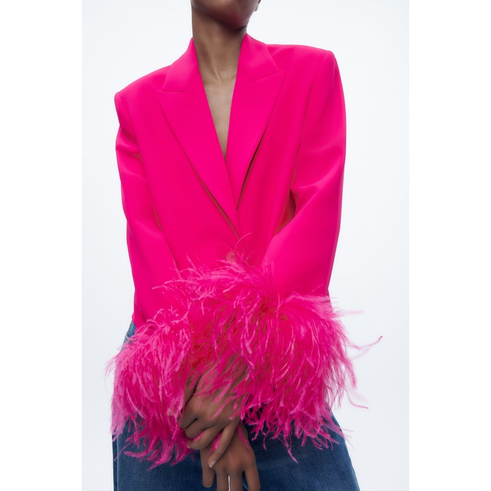 Zara short feather blazer neon fuchsia pink - Picture 7 of 16